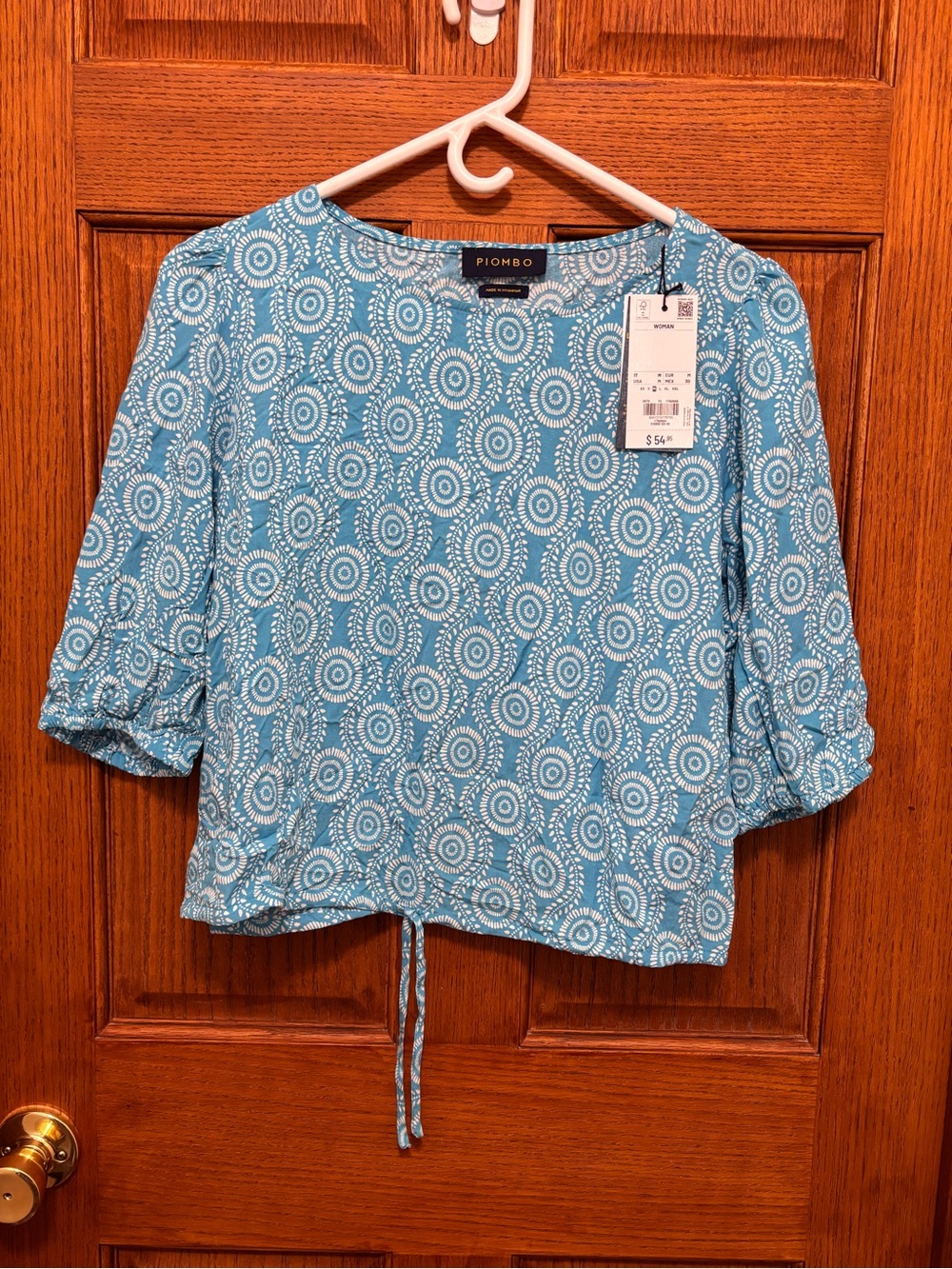 Piombo Sky Blue Concentric Circle Drawstring Blouse M NWT